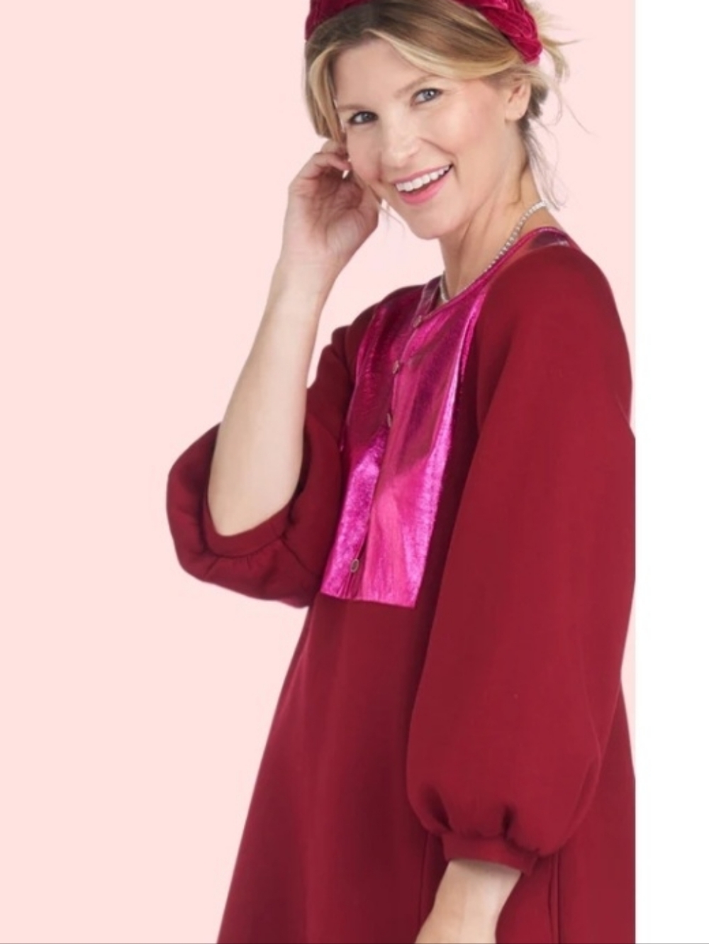 Buru Bib Front A-Line Balloon Sleeve Dress in Burgundy Size S